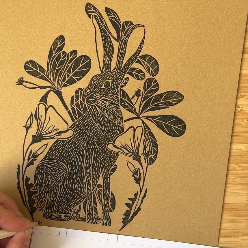 Original Linocut Jack Rabbit Print