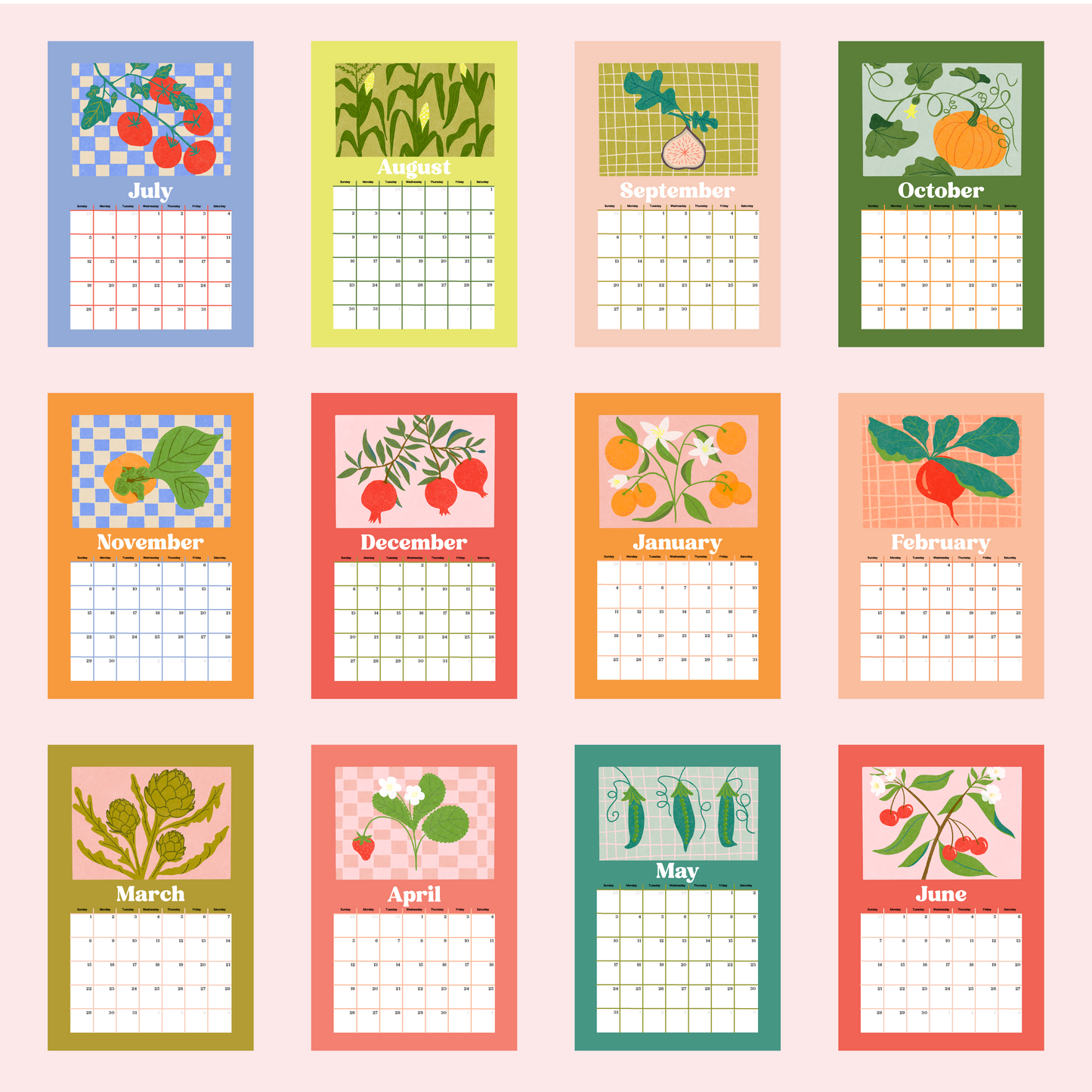 Academic Year Fruit Vegetable Illustration Wall Calendar (July 2026 - June 2027 )
