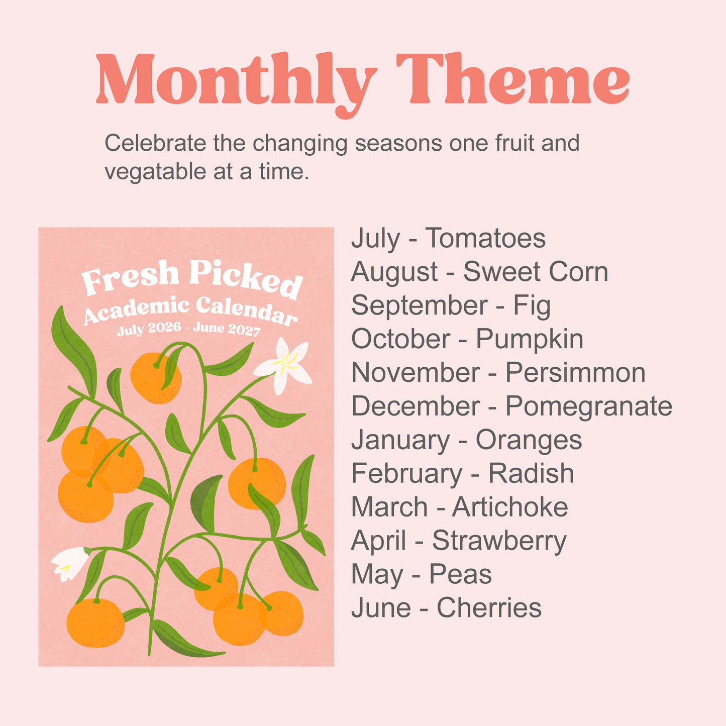 Academic Year Fruit Vegetable Illustration Wall Calendar (July 2026 - June 2027 )